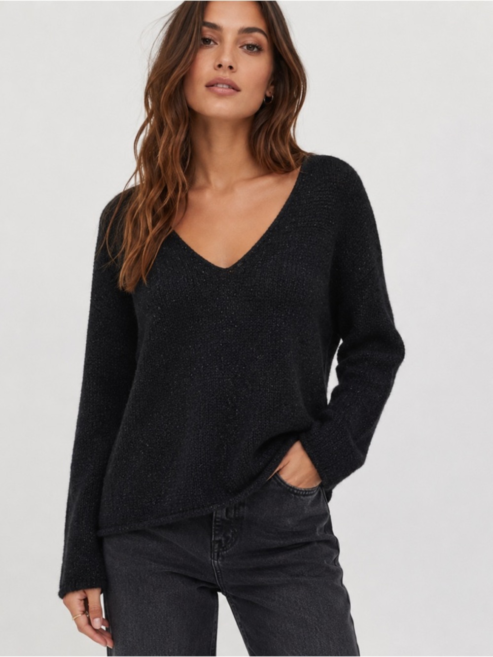 Zara black sweater cozy v-neck knit pullover metallic size large
